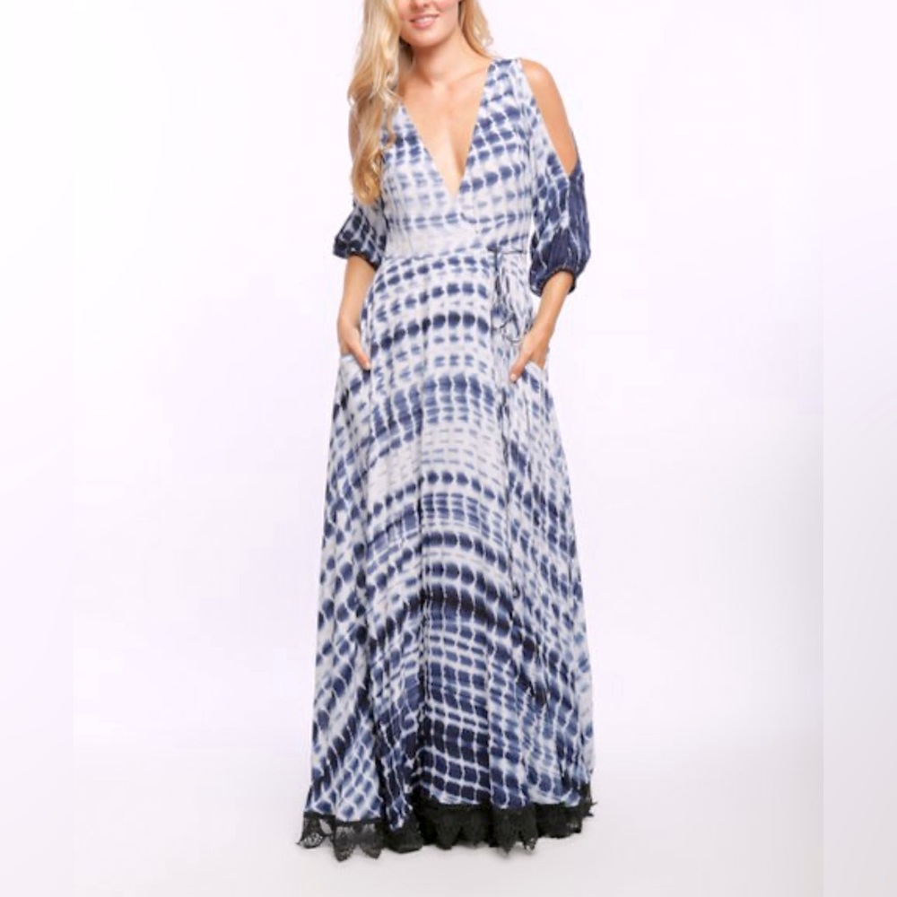 NWT Line & Dot Bonheur Wrap Maxi Dress French Blue Tie-Dye Size Small Revolve